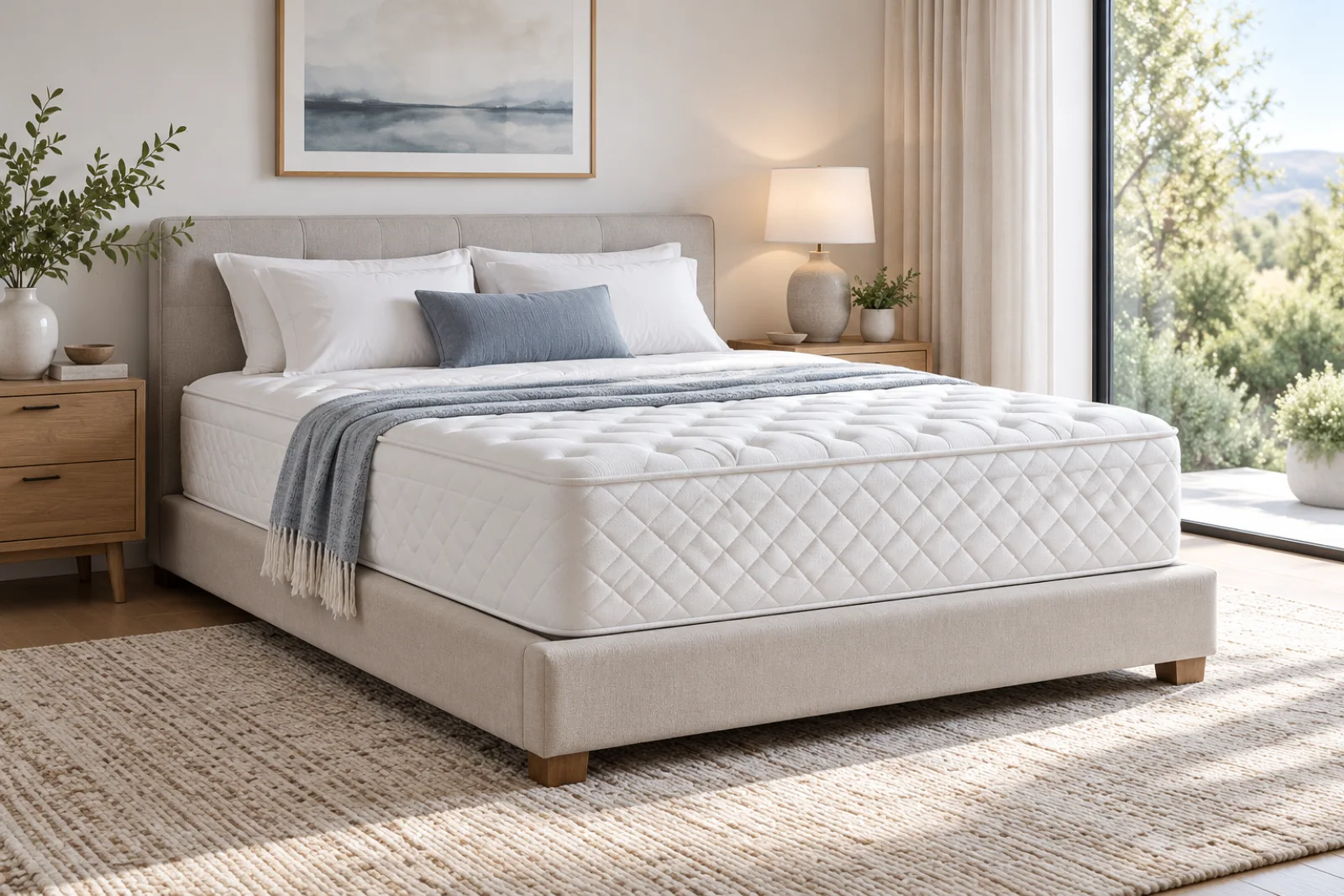 Modern white mattress in a bright neutral bedroom