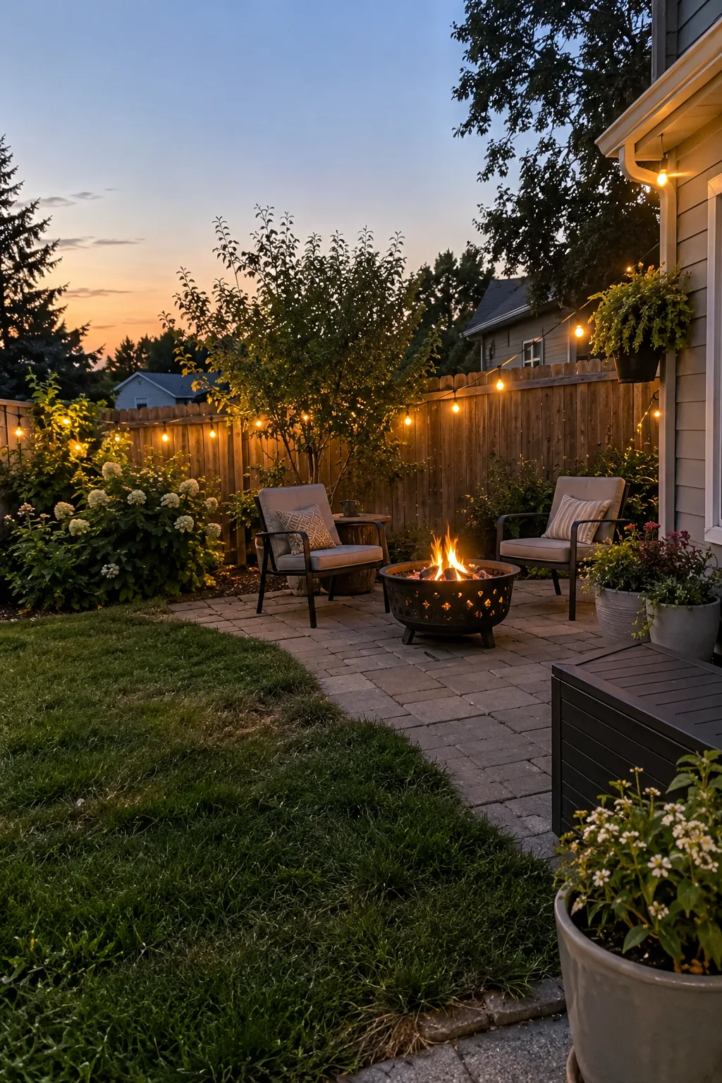 Achievable backyard with string lights, patio chairs, fire pit and outdoor storage