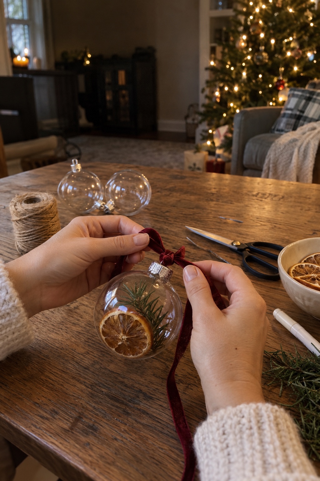 Hands tying velvet ribbon onto a clear handmade Christmas ornament at a dining table