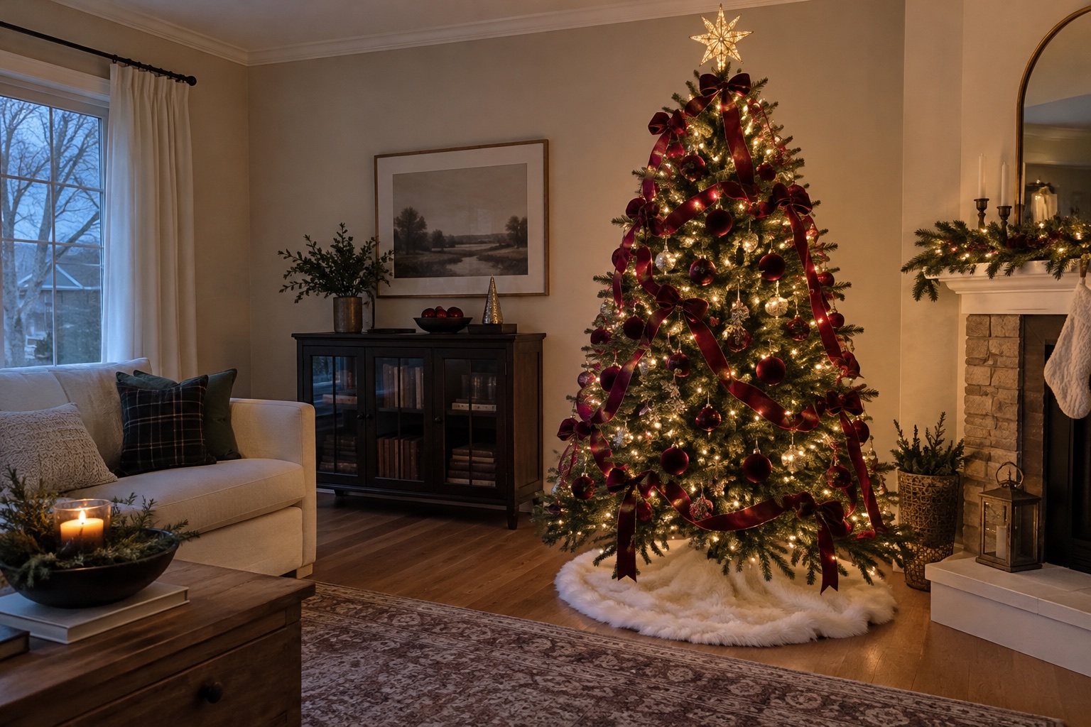 Christmas tree decorated with warm white lights, burgundy ribbon, red velvet ornaments, a gold star and a white faux-fur skirt