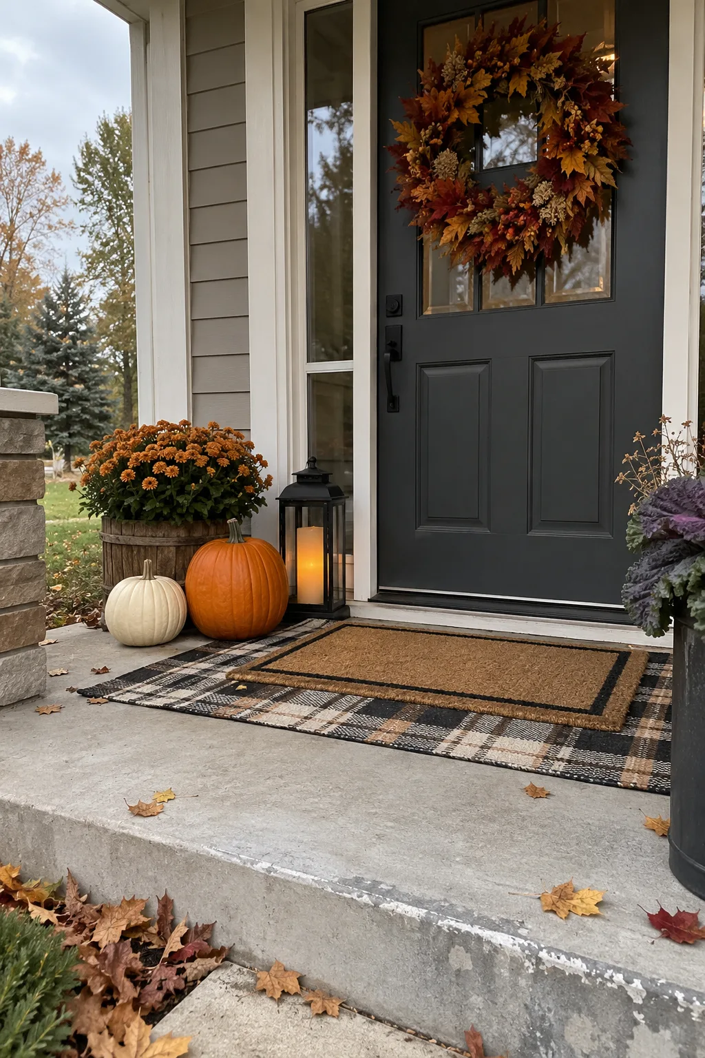 Fall porch with wreath, layered doormats, pumpkins and a black lantern