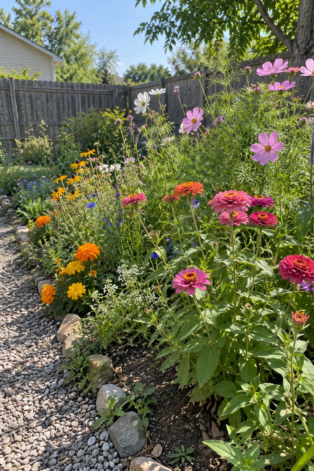 Mixed backyard flower bed with zinnias, cosmos, marigolds and wildflowers