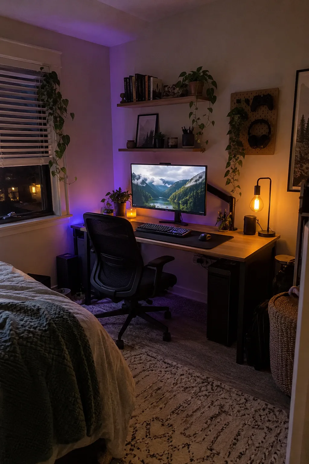 Cozy small bedroom gaming setup with a desk, monitor arm, warm lamp and purple accent light