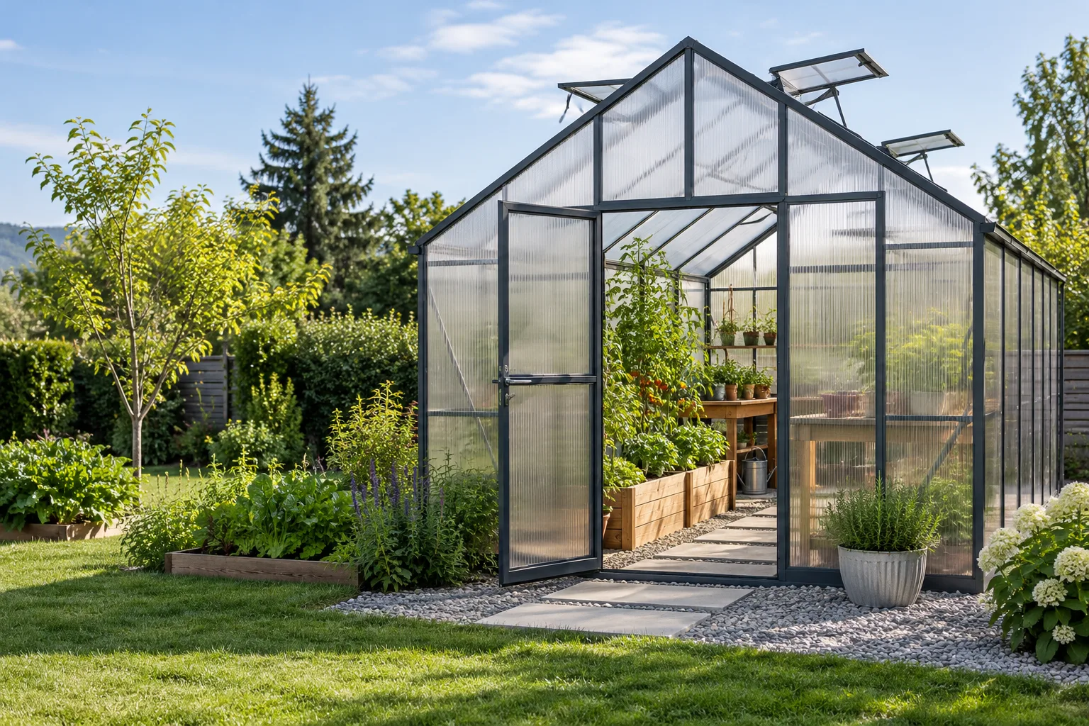 Modern polycarbonate backyard greenhouse with raised beds and a clear working path