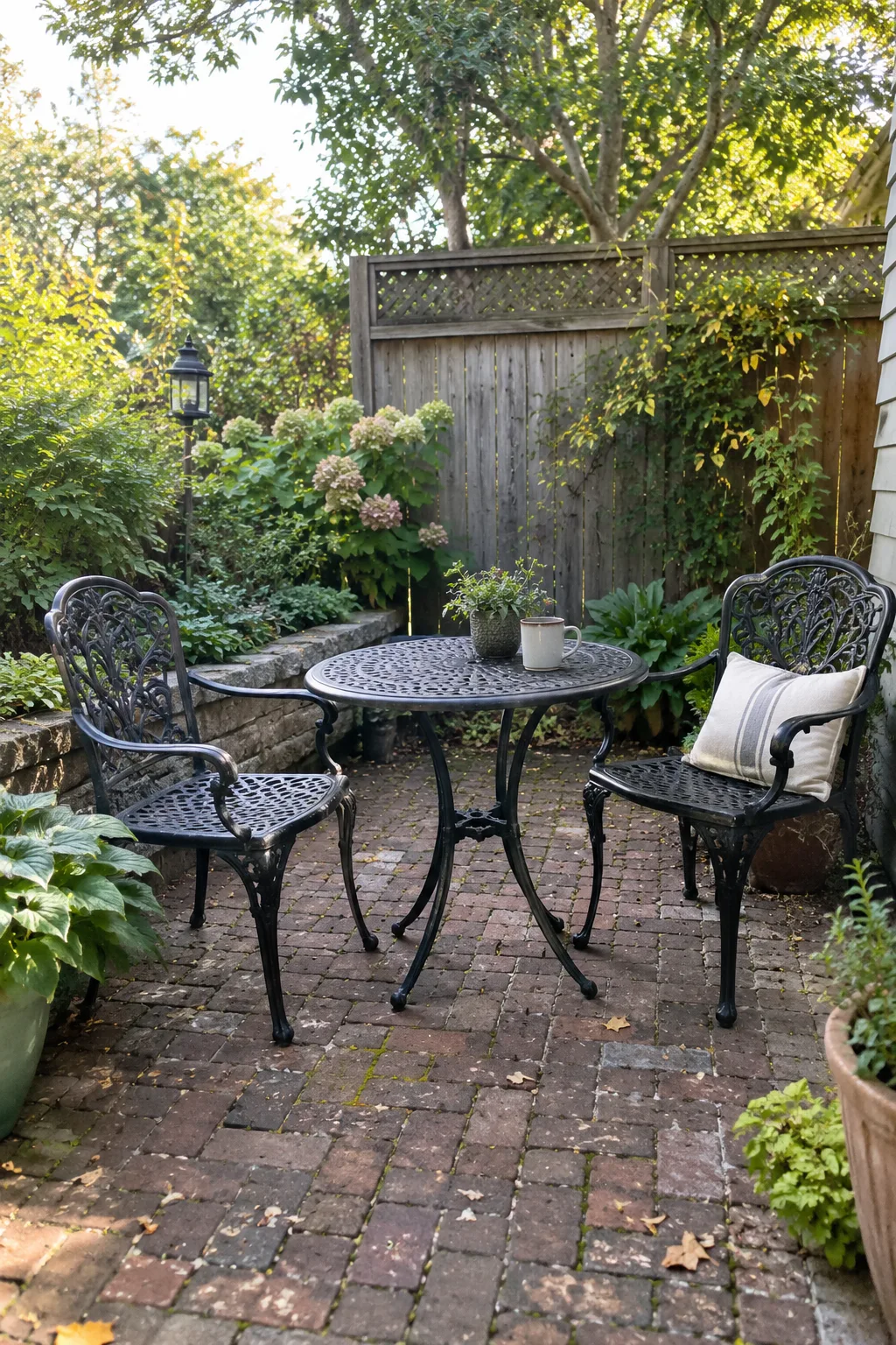 Black cast-metal bistro chairs and table on weathered brick patio