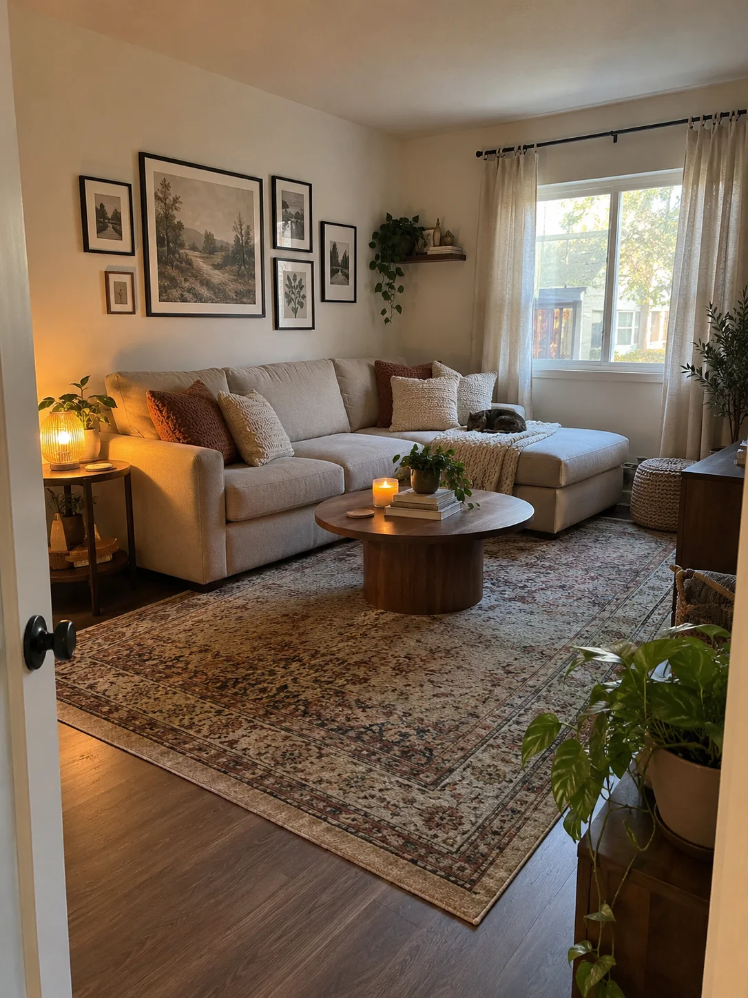 Cozy attainable living room with a neutral sofa, vintage rug, textured pillows, gallery wall and warm accent lamp
