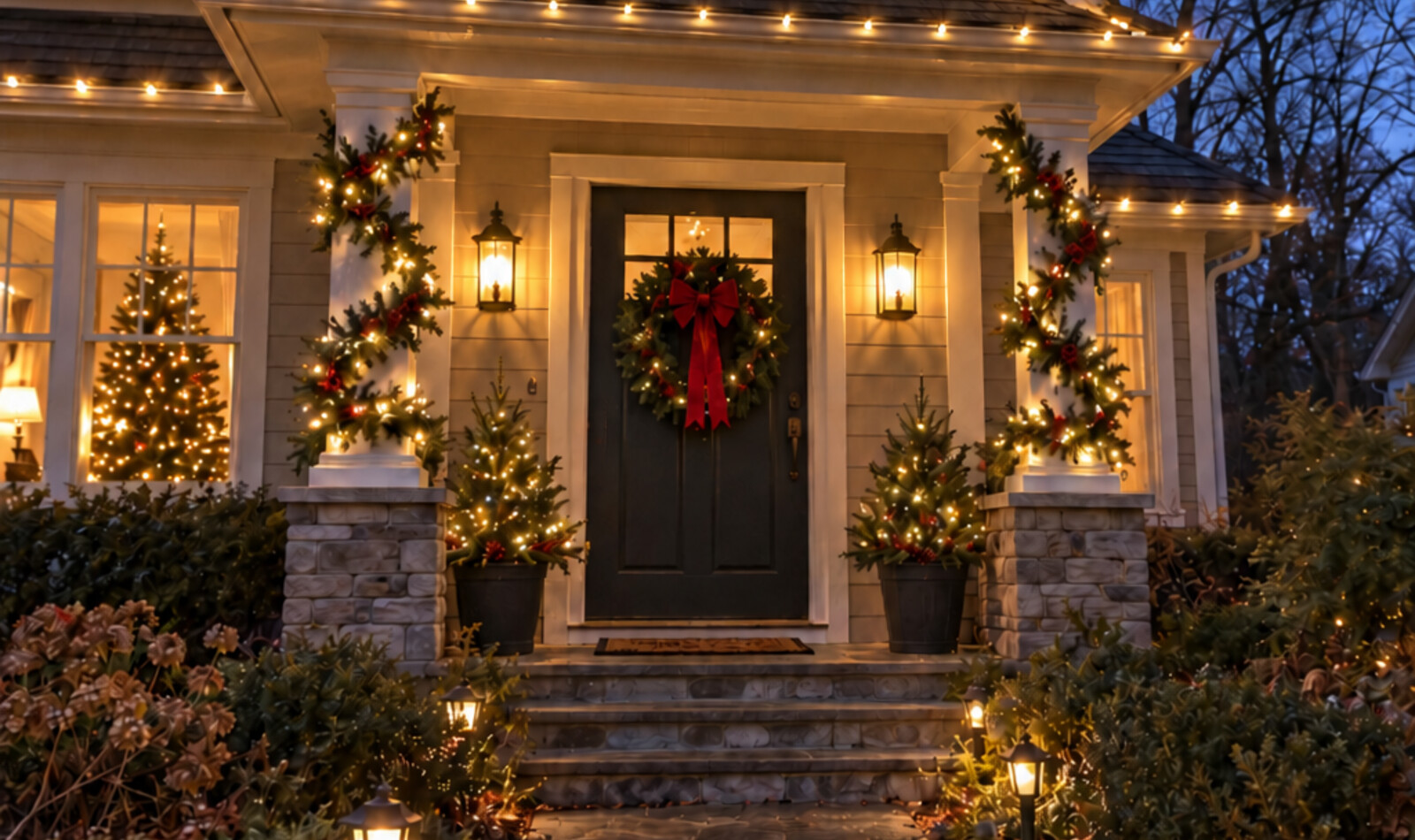 Front porch decorated with warm white roofline lights, greenery, a wreath and pathway lights