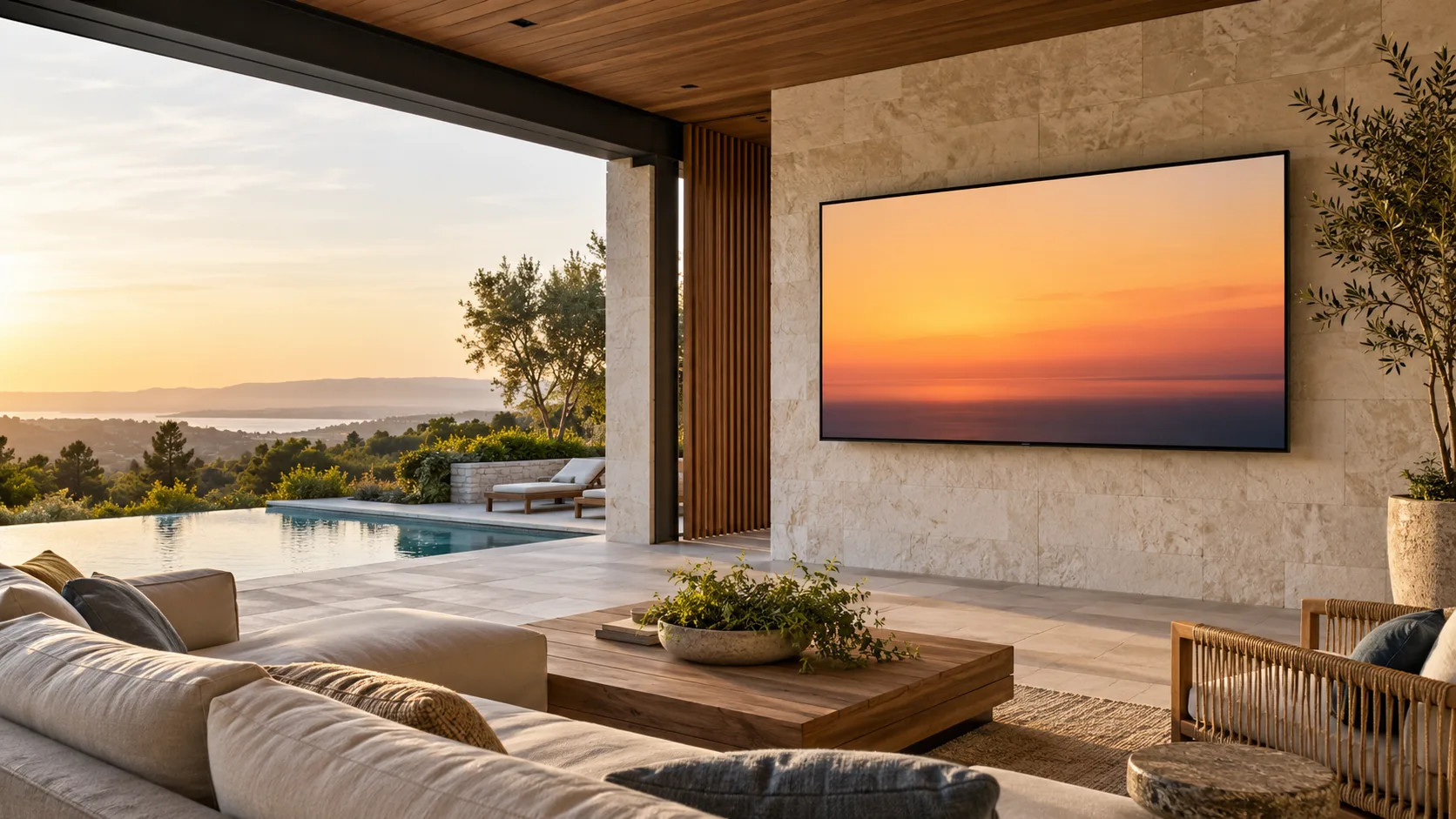 Weatherproof television installed on a covered modern patio
