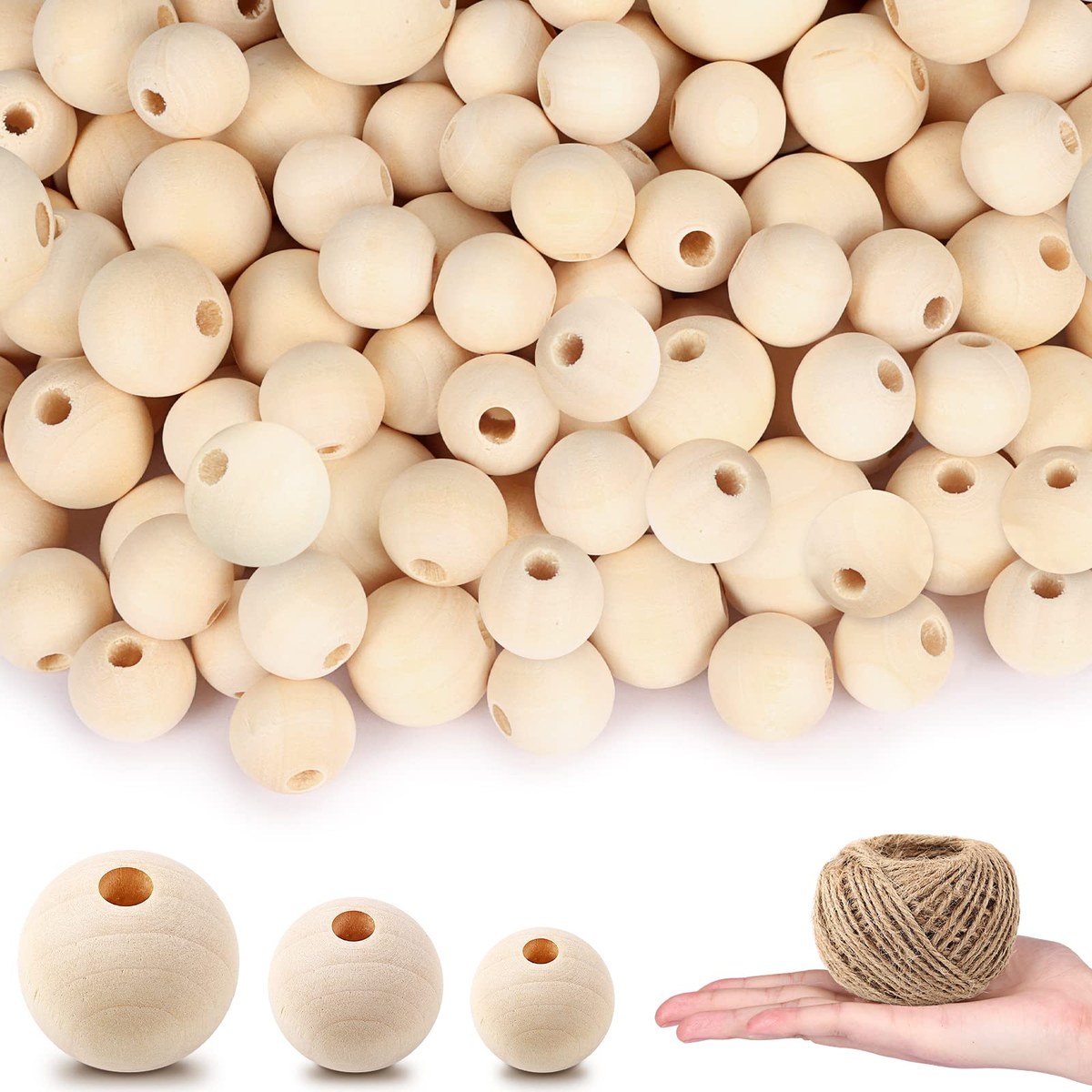 Natural unfinished wooden craft beads in three sizes with jute twine