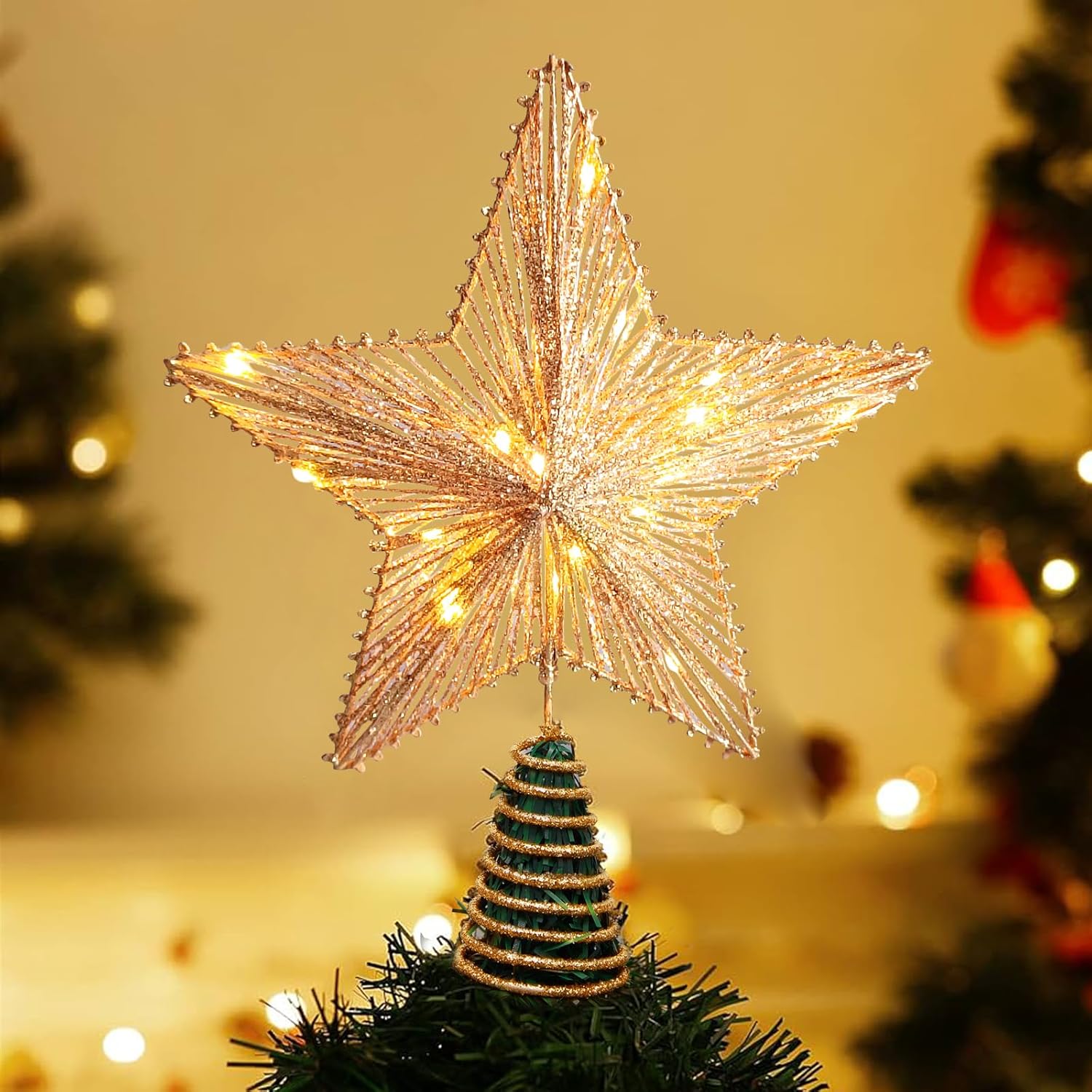 Warm-white lighted gold glitter star Christmas tree topper