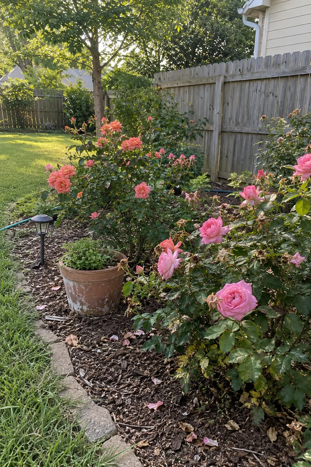 Everyday backyard rose bed with pink blooms, mulch and a garden hose
