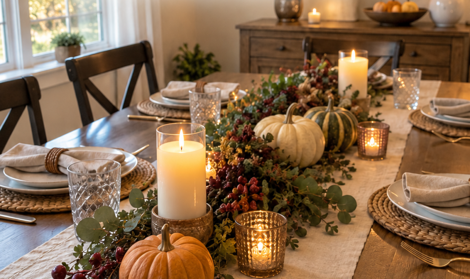 Warm Thanksgiving tablescape with pumpkins, greenery, woven place settings and candles