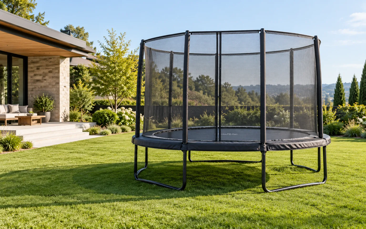 Enclosed outdoor trampoline shown as a product-category example
